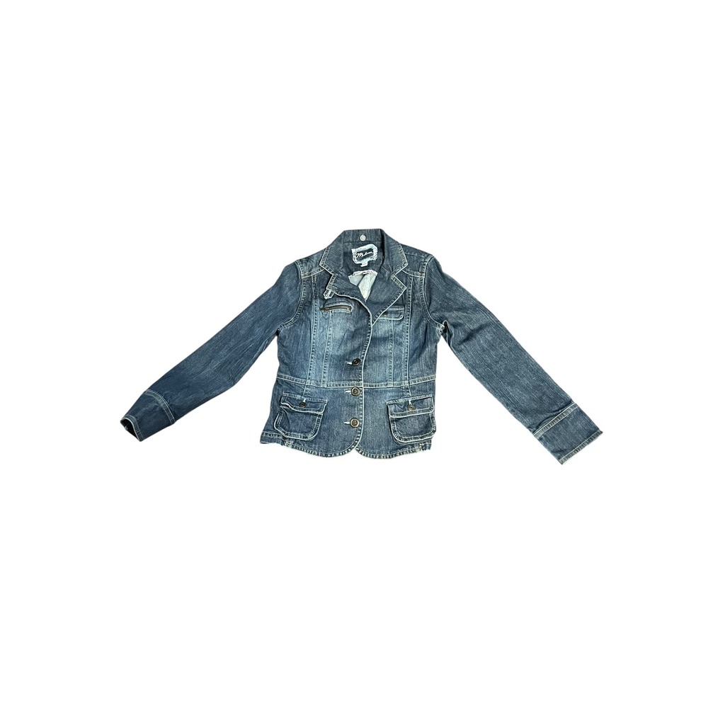 Mudd Womens Dark Wash Denim Blazer Jacket Blue Button Up Peplum RN31104 Fall